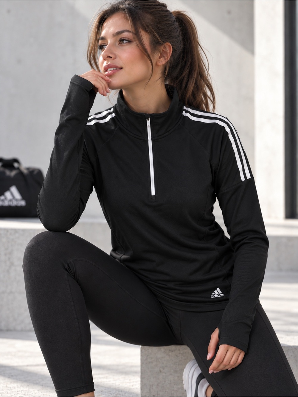 Adidas Golf Women’s XL Black Quarter Zip Pullover UPF 50 Thumbholes 3-Stripes